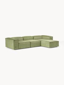 Modulares Sofa Lennon (4-Sitzer) aus Cord mit Hocker, Bezug: Cord (92 % Polyester, 8 %, Gestell: Massives Kiefernholz, Spe, Füße: Kunststoff Dieses Produkt, Cord Olivgrün, B 329 x T 207 cm