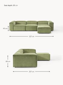 Sofá rinconera modular de pana Lennon (4 plazas), Tapizado: pana (92% poliéster, 8% p, Estructura: madera de pino y abeto ma, Patas: plástico. Este producto e, Pana verde oliva, An 327 x F 207 cm