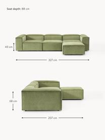 Modulares Sofa Lennon (4-Sitzer) aus Cord mit Hocker, Bezug: Cord (92 % Polyester, 8 %, Gestell: Massives Kiefernholz, Spe, Cord Olivgrün, B 327 x T 207 cm