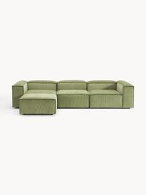 Modulares Sofa Lennon (4-Sitzer) aus Cord mit Hocker (links/rechts), Bezug: Cord (92 % Polyester, 8 %, Gestell: Massives Kiefernholz, Spe, Füße: Kunststoff Dieses Produkt, Cord Olivgrün, B 329 x T 207 cm