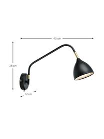 Große verstellbare Wandleuchte Valencia mit Stecker, Lampenschirm: Metall, beschichtet, Diffusorscheibe: Kunststoff, Dekor: Metall, vermessingt, Schwarz, T 40 x H 28 cm