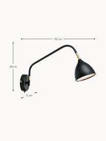 Grote verstelbare wandlamp Valencia met stekker, Lampenkap: gecoat metaal, Diffuser: kunststof, Decoratie: vermessingd metaal, Zwart, D 40 x H 28 cm