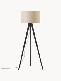 Skandi-Tripod Stehlampe Jake aus Massivholz, Lampenschirm: Leinen, Beige, Schwarz, H 150 cm