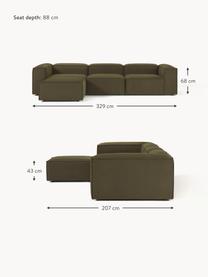 Modulares Sofa Lennon (4-Sitzer) aus Bouclé mit Hocker, Bezug: Bouclé (100 % Polyester) , Gestell: Massives Kiefernholz, Spe, Füße: Kunststoff Dieses Produkt, Bouclé Olivgrün, B 327 x T 207 cm