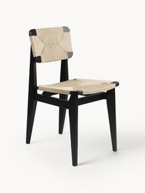 Holzstuhl C-Chair aus Eichenholz mit geflochtener Sitzfläche, Gestell: Eichenholz, lackiert, Eichenholz schwarz lackiert, Hellbeige, B 41 x T 53 cm