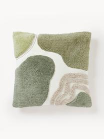 Funda de cojín decorativa con relieves Coraline, 100% algodón, Verde claro, verde oliva, blanco crema, An 45 x L 45 cm