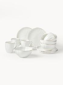 Set de desayuno con relieves Sali, 4 comensales (12 pzas.), Porcelana esmaltado, Blanco con borde dorado, 4 comensales (12 pzas.)