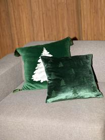 Samt-Kissenhülle Amara mit gesticktem Tannenbaum, Hülle: Samt (100 % Baumwolle), Dunkelgrün, Weiß, Hellbeige, B 50 x L 50 cm