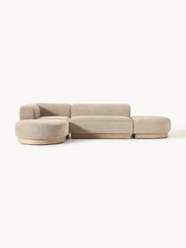 Modulares Ecksofa Natalie aus Teddy-Bouclé, Bezug: Teddy-Bouclé (100 % Polye, Gestell: mitteldichte Holzfaserpla, Sockel: Massives Buchenholz, lack, Teddy-Bouclé Beige, helles Buchenholz, B 337 x T 197 cm, Eckteil links