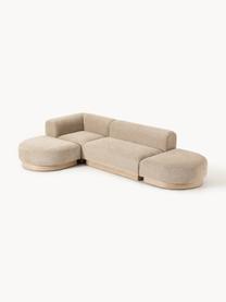 Modulares Ecksofa Natalie aus Teddy-Bouclé, Bezug: Teddy-Bouclé (100 % Polye, Gestell: mitteldichte Holzfaserpla, Sockel: Massives Buchenholz, lack, Teddy-Bouclé Beige, helles Buchenholz, B 337 x T 197 cm, Eckteil links