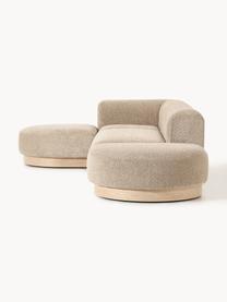 Modulares Ecksofa Natalie aus Teddy-Bouclé, Bezug: Teddy-Bouclé (100 % Polye, Gestell: mitteldichte Holzfaserpla, Sockel: Massives Buchenholz, lack, Teddy-Bouclé Beige, helles Buchenholz, B 337 x T 197 cm, Eckteil links