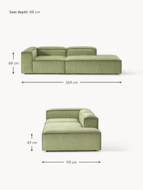 Chaise longue componibile in velluto a coste Lennon, Rivestimento: velluto a coste (92% poli, Struttura: legno di pino massiccio, , Piedini: plastica Questo prodotto , Velluto a coste verde oliva, Larg. 269 x Prof. 119 cm, schienale a destra