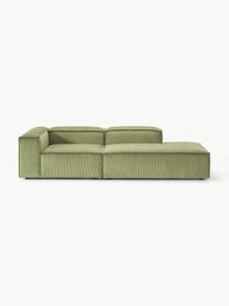 Chaise longue componibile in velluto a coste Lennon, Rivestimento: velluto a coste (92% poli, Struttura: legno di pino massiccio, , Piedini: plastica Questo prodotto , Velluto a coste verde oliva, Larg. 269 x Prof. 119 cm, schienale a destra