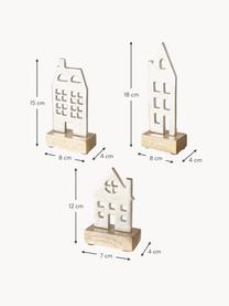 Figuras decorativas casas Hus, 3 uds., Madera de mango, metal, recubierto, Plateado, beige, Set de diferentes tamaños