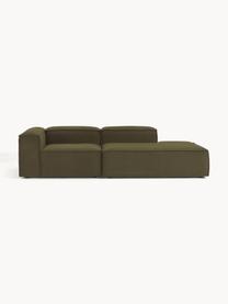 Chaise longue componibile in bouclé Lennon, Rivestimento: bouclé (100% poliestere) , Struttura: legno di pino massiccio, , Piedini: plastica Questo prodotto , Bouclé verde oliva, Larg. 269 x Prof. 119 cm, schienale a destra