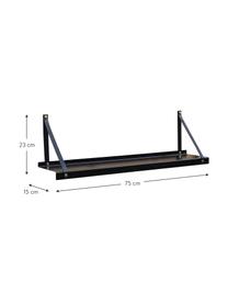 Metalen wandplank Shelfie met leren riemen, Plank: gepoedercoat metaal, Riemen: leer, Zwart, 75 x 23 cm