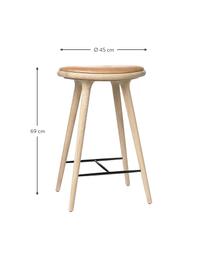 Barkruk High Stool, Poten: eikenhout, ingezeept, Zitvlak: leer, Lichtbruin, H 69 cm