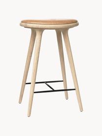 Barkruk High Stool, Poten: eikenhout, ingezeept, Zitvlak: leer, Lichtbruin, H 69 cm