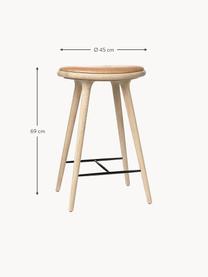 Barkruk High Stool, Poten: eikenhout, ingezeept, Zitvlak: leer, Lichtbruin, H 69 cm