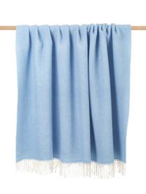 Plaid laine bleu clair à franges Tirol-Mona, Bleu ciel, blanc, larg. 140 x long. 200 cm