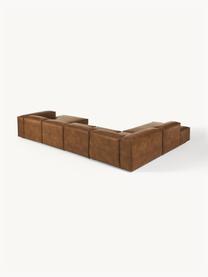 Modulaire woonlandschap Lennon van gerecycled leer, Bekleding: gerecycled leer (70% leer, Frame: massief hout, multiplex, Poten: kunststof, Leer bruin, B 418 x D 269 cm, hoekdeel rechts
