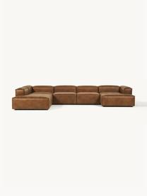 Modulaire woonlandschap Lennon van gerecycled leer, Bekleding: gerecycled leer (70% leer, Frame: massief hout, multiplex, Poten: kunststof, Leer bruin, B 418 x D 269 cm, hoekdeel rechts