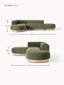 Modulares Ecksofa Natalie aus Teddy-Bouclé, Bezug: Teddy-Bouclé (100 % Polye, Gestell: mitteldichte Holzfaserpla, Sockel: Massives Buchenholz, lack, Teddy-Bouclé Dunkelgrün, helles Buchenholz, B 337 x T 197 cm, Eckteil links