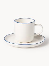 Tazze da caffè con piattino in porcellana Facile 2 pz, Porcellana solida di alta qualità (ca. 50% caolino, 25% quarzo e 25% feldspato), Bianco latte con bordo blu scuro, Ø 8 x Alt. 8 cm, 270 ml