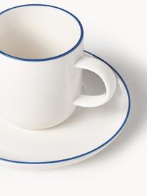 Tazze da caffè con piattino in porcellana Facile 2 pz, Porcellana solida di alta qualità (ca. 50% caolino, 25% quarzo e 25% feldspato), Bianco latte con bordo blu scuro, Ø 8 x Alt. 8 cm, 270 ml