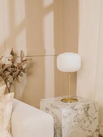 Grote tafellamp Sober met glazen lampenkap, Lampenkap: glas, Lampvoet: geborsteld metaal, Wit, goudkleurig, Ø 25 x H 50 cm