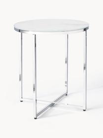 Mesa auxiliar redonda con tablero de vidrio en look mármol Antigua, Tablero: vidrio estampado con aspe, Estructura: metal cromado, Aspecto mármol blanco, plateado brillante, Ø 45 x Al 50 cm