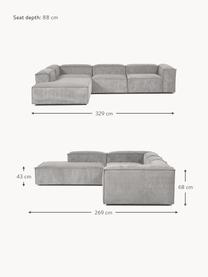 Canapé d'angle XL modulable en velours côtelé Lennon, Velours côtelé gris, larg. 329 x prof. 269 cm, méridienne à gauche