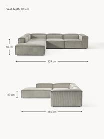 Sofá rinconera modular grande de pana Lennon, Tapizado: pana (92% poliéster, 8% p, Estructura: madera de pino maciza, ma, Patas: plástico Este producto es, Pana gris, An 329 x F 269 cm, chaise longue izquierda