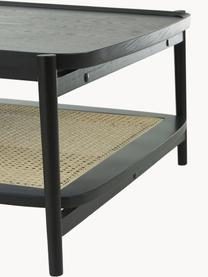 Mesa de centro de roble Tony, Tablero: tablero de fibras de dens, Estante: ratán, Estructura: madera de roble maciza pi, Negro, An 110 x Al 35 cm