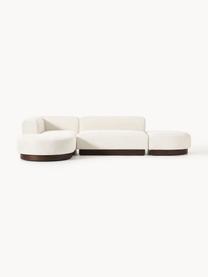 Modulares Ecksofa Natalie aus Teddy-Bouclé, Bezug: Teddy-Bouclé (100 % Polye, Gestell: mitteldichte Holzfaserpla, Sockel: Massives Buchenholz, lack, Teddy-Bouclé Off White, dunkles Buchenholz, B 337 x T 197 cm, Eckteil links