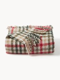 Geruite plaid Timothy met franjes, 53% polyacryl, 20% polyester, 15% wol, 12% polyamide, Lichtbeige, rood, donkergroen, B 130 x H 170 cm