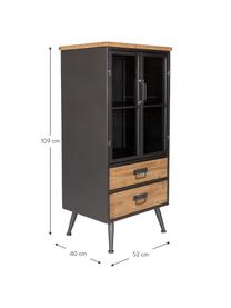 Vitrinenschrank Damian aus Holz und Metall, Einlegeböden: Tannenholz, Schrank, Schubladen: TannenholzGestell, Griffe: GrauTüren: Transparent, 52 x 109 cm