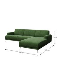 Divano angolare in tessuto verde scuro con sistema zero spot Puzo, Rivestimento: 100% poliestere, Sottostruttura: compensato, legno di betu, Piedini: metallo verniciato, Verde scuro, Larg. 240 x Prof. 165 cm