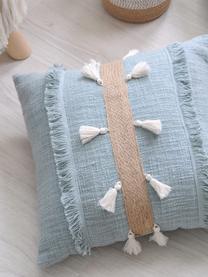 Coussin 40x40 en coton avec décor en jute Eivissa Stripe, Bleu ciel, beige