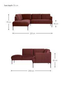 Sofa narożna z aksamitu z metalowymi nogami Fluente, Tapicerka: aksamit (wysokiej jakości, Nogi: metal malowany proszkowo, Aksamitny rdzawoczerwony, S 221 x G 200 cm