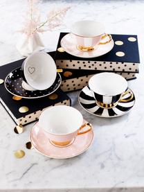 Taza de té  con platito Stripy, Porcelana fina, dorada, Negro, blanco Borde y asa: oro, Ø 15 x Al 6 cm