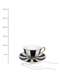 Taza de té  con platito Stripy, Porcelana fina, dorada, Negro, blanco Borde y asa: oro, Ø 15 x Al 6 cm