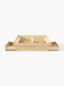 Holzbett Sato mit Stauraum, Gestell: Spanplatte mit Eichenholz, Füße: Metall, Kunststoff Dieses, Eichenholz, B 140 x L 200 cm