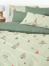 Housse de couette en percale de coton Pine, Vert sauge, vert foncé, rouge, larg. 200 x long. 200 cm