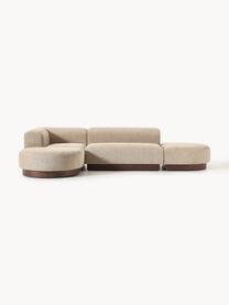 Modulares Ecksofa Natalie aus Teddy-Bouclé, Bezug: Teddy-Bouclé (100 % Polye, Gestell: mitteldichte Holzfaserpla, Sockel: Massives Buchenholz, lack, Teddy-Bouclé Beige, dunkles Buchenholz, B 337 x T 197 cm, Eckteil links