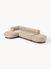 Modulares Ecksofa Natalie aus Teddy-Bouclé, Bezug: Teddy-Bouclé (100 % Polye, Gestell: mitteldichte Holzfaserpla, Sockel: Massives Buchenholz, lack, Teddy-Bouclé Beige, dunkles Buchenholz, B 337 x T 197 cm, Eckteil links