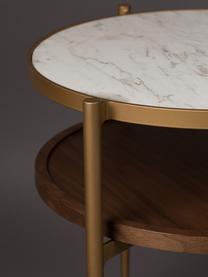 Tavolino con ripiano effetto marmo Bella, Mensola: pannello di fibra a media, Struttura: metallo verniciato, Bianco, dorato, legno di noce, Ø 45 x Alt. 54 cm