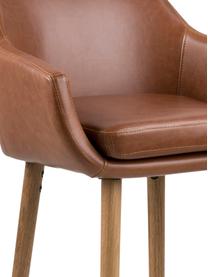 Chaise de bar en cuir synthétique Nora, Revêtement : cognac Pieds : chêne Repose-pieds : noir, larg. 55 x haut. 101 cm