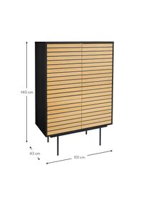 Dressoir Stripe van eikenhout, Frame: MDF met eikenhoutfineer, Frame: metaal, Eikenhoutkleurig, zwart, 101 x 140 cm