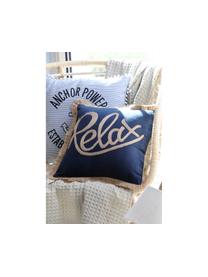 Coussin blanc à lettrage noir, avec pompons Guernezey Anchor, Blanc, bleu